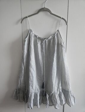 Sezane Size 38 Striped Ruffle Hem Spaghetti Strap Dress - Blue & White